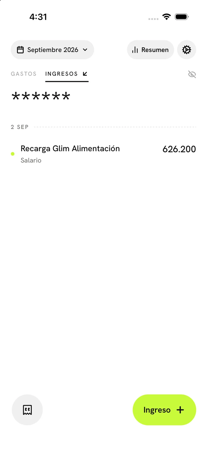 La lista de ingresos del mes, cada uno con su tipo