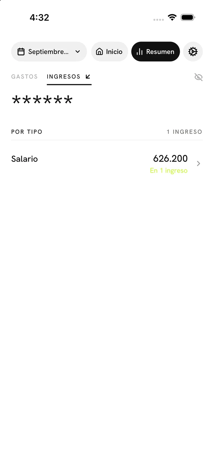 El resumen de ingresos agrupado por tipo